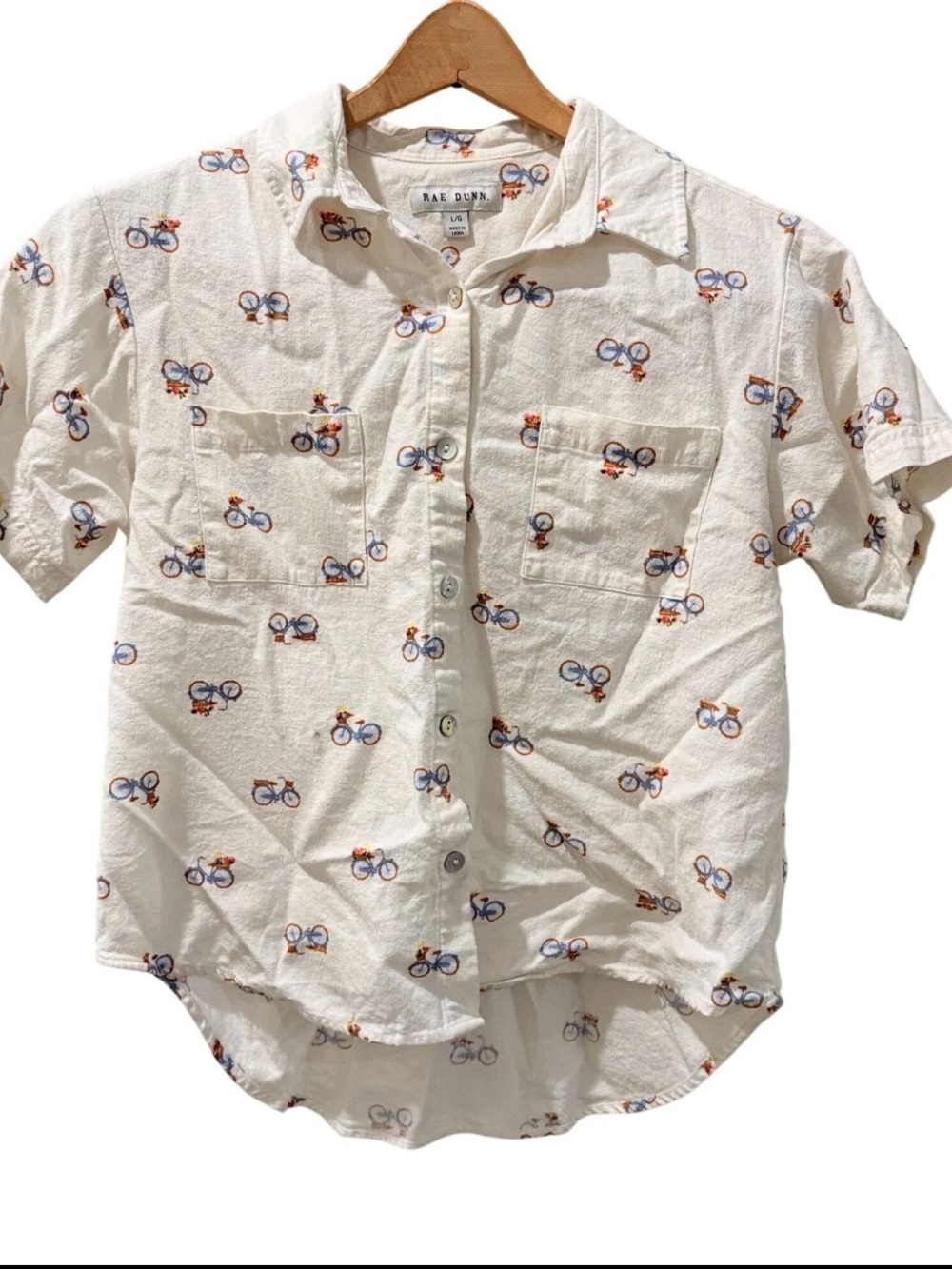 Rae Dunn White Shirt with Orange and Blue Bicycle Print linen blend